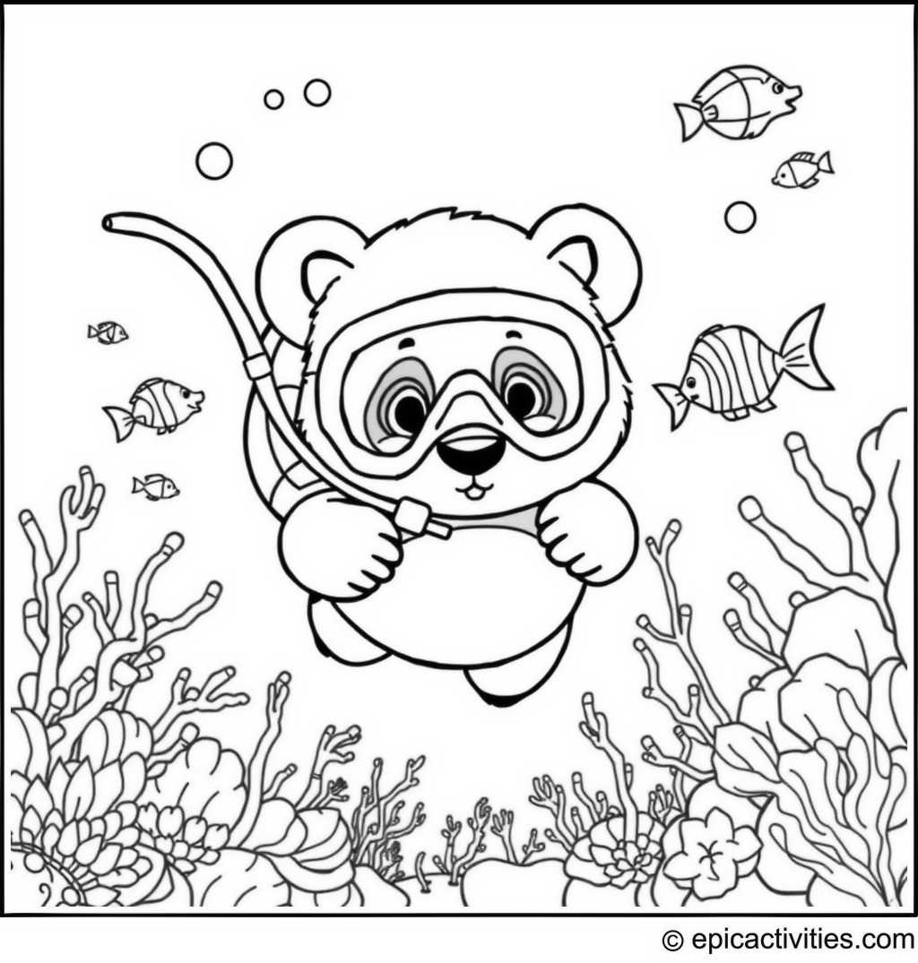 Coloring page of a Cute Panda Scuba Diving with Friendly Fish and Underwater Creatures
