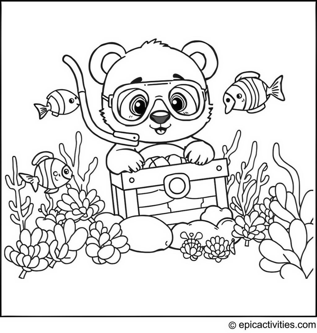 Coloring page of a cute panda snorkeling with a treasure chest surrounded by cartoon fish