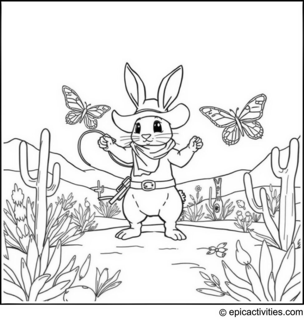 Coloring page of a cute rabbit as a cowboy lassoing oversized butterflies in a whimsical desert