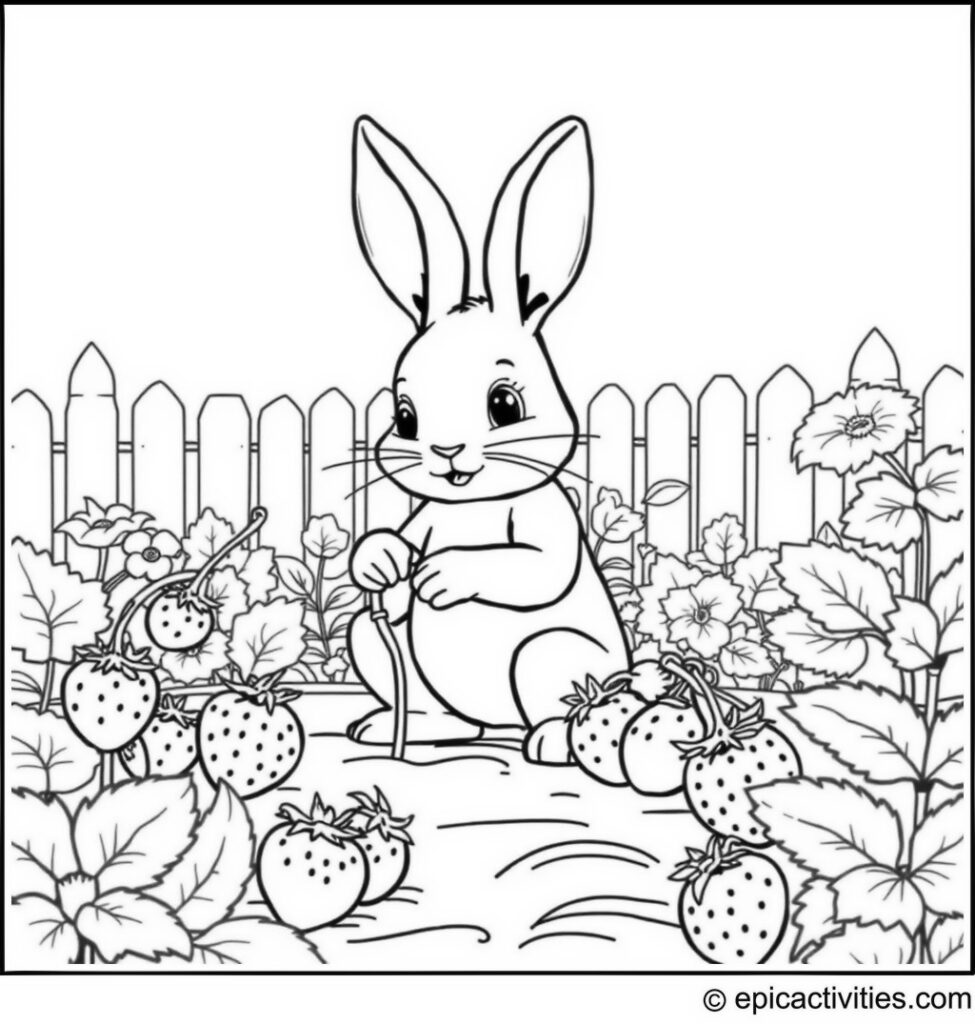 Coloring page of a cute rabbit as a gardener planting giant strawberries in a whimsical backyard
