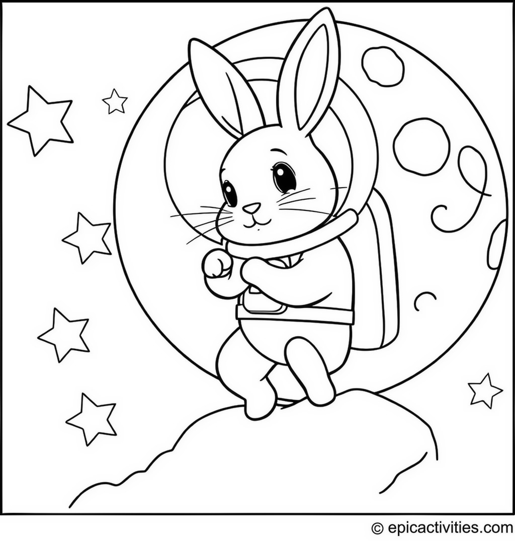 Coloring page of a Cute Rabbit Astronaut Exploring a Cartoon Moon