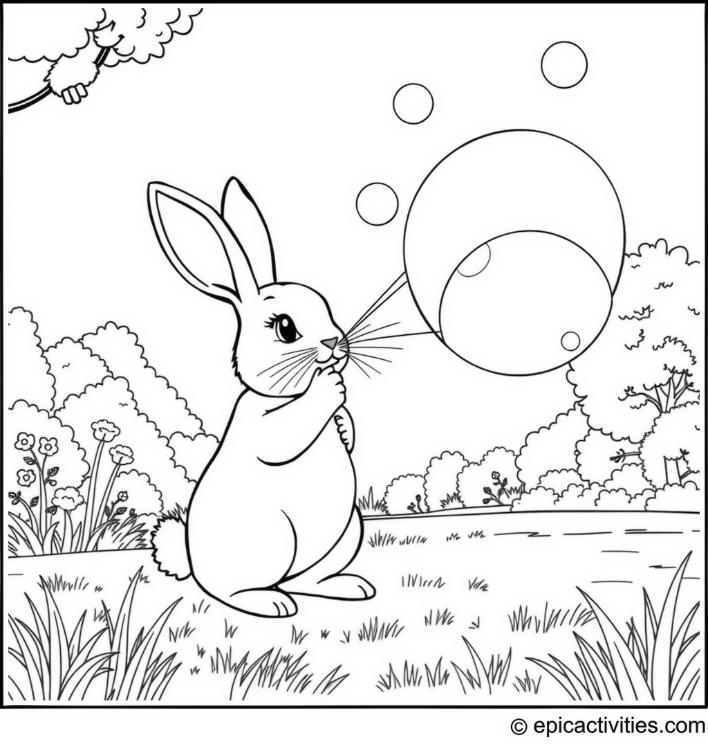 Coloring page of a cute rabbit blowing huge bubbles in a sunny park