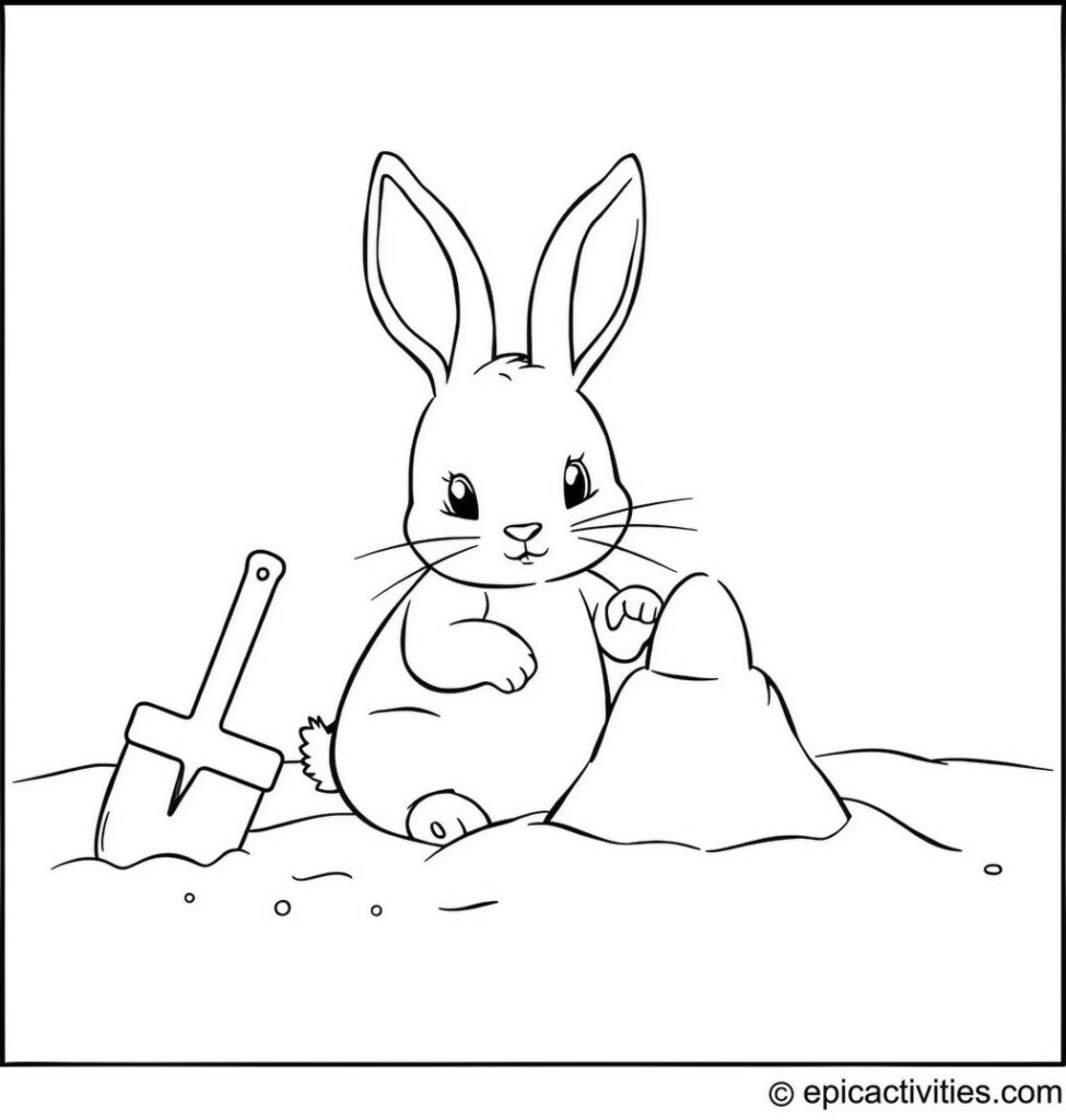 Coloring page of a Cute Rabbit Building a Sandcastle at the Beach