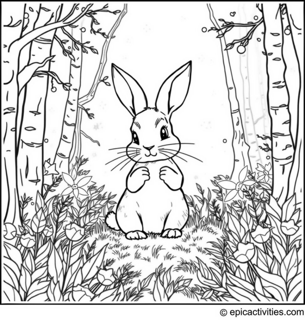 Coloring page of a Cute Rabbit Collecting Sparkling Fireflies in an Enchanted Forest