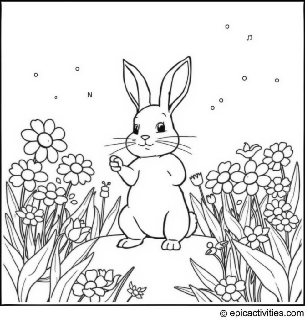 Coloring page of a cute rabbit conducting a cute choir of singing flowers in a magical garden