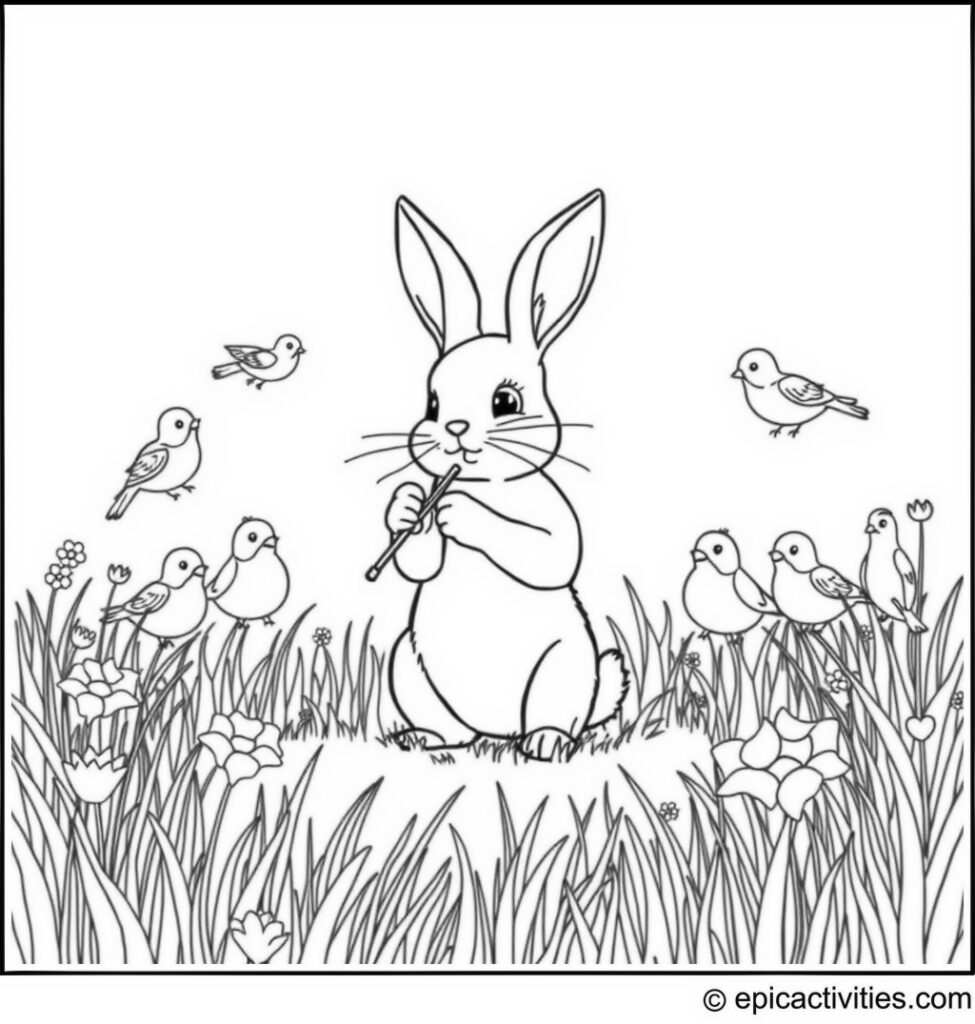 Coloring page of a Cute Rabbit Conducting a Cute Orchestra of Chirping Birds in a Serene Meadow