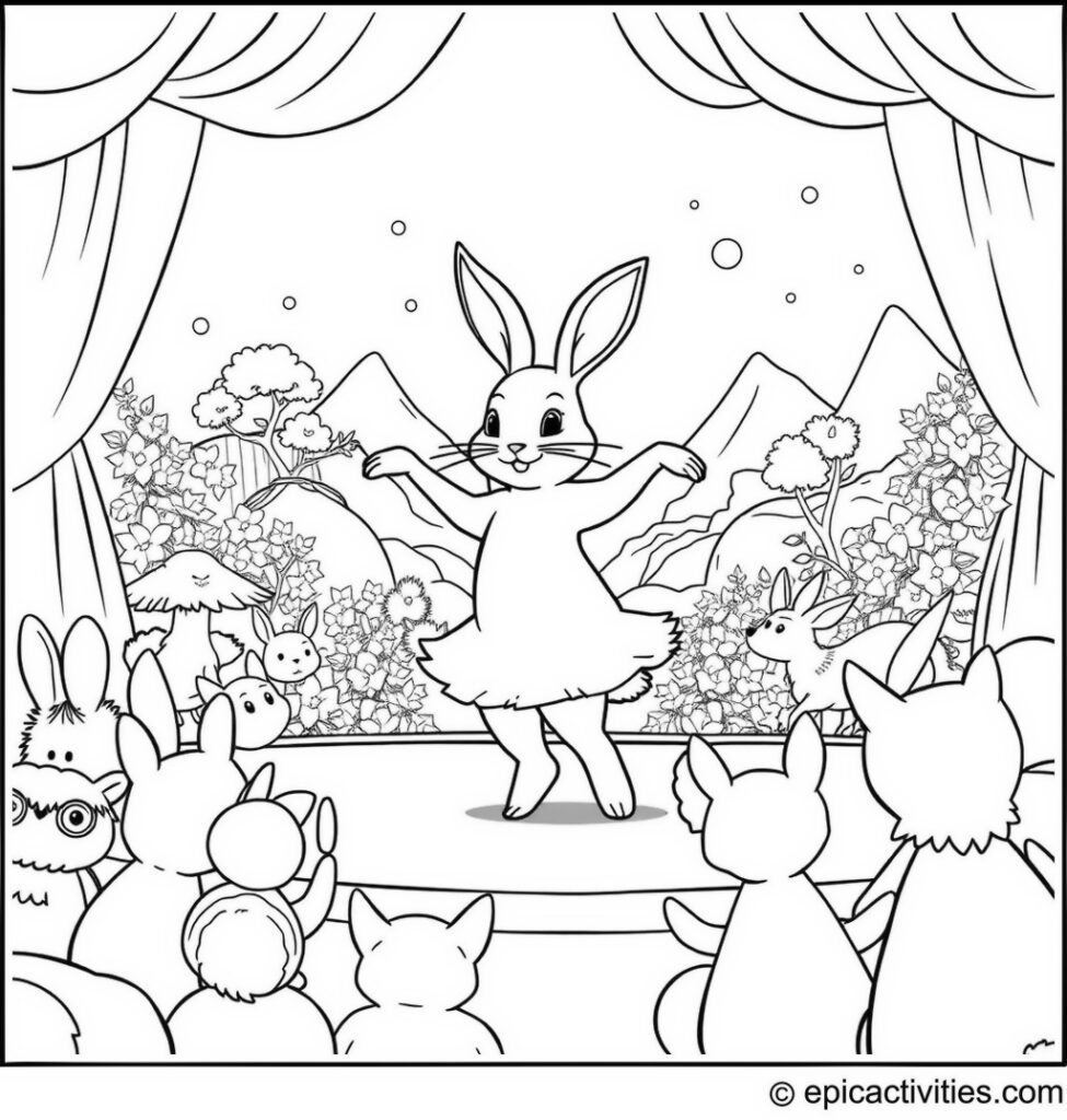 Coloring page of a cute rabbit dancing ballet on stage with cartoon animals audience