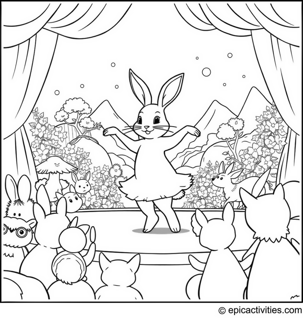 Coloring page of a cute rabbit dancing ballet on stage with cartoon animals audience