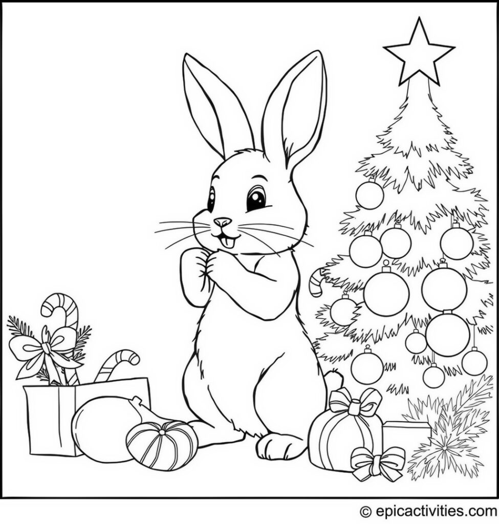 Coloring page of a cute rabbit decorating a Christmas tree