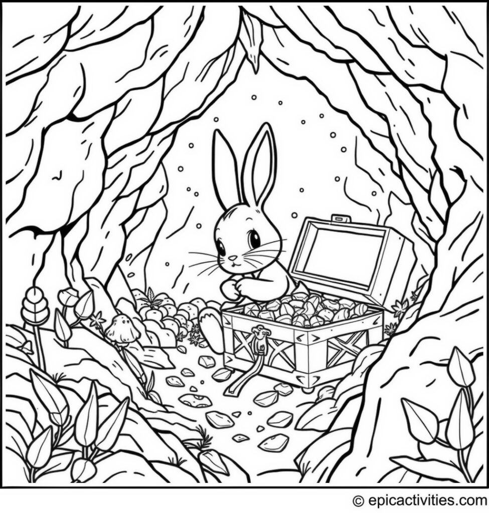 Coloring page of a cute rabbit discovering a treasure chest in a mystical cave