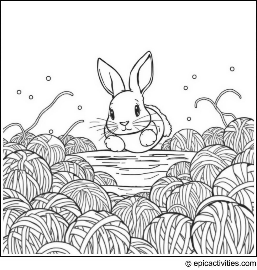 Coloring page of a cute rabbit diving into a pool of colorful yarn balls