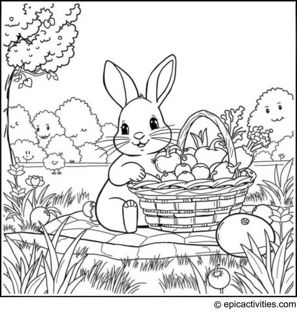 Coloring page of a Cute Rabbit Enjoying a Picnic with Oversized Vegetables