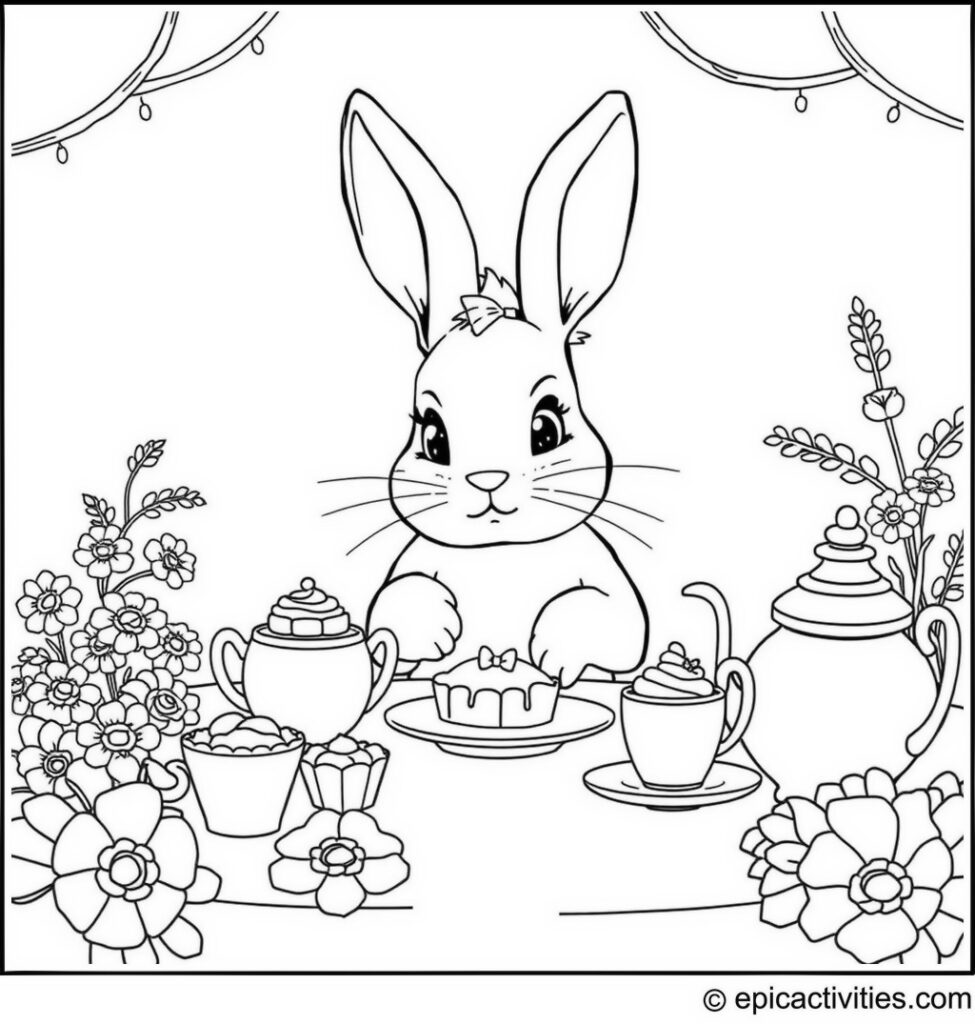 Coloring page of a cute rabbit enjoying a themed magical tea party