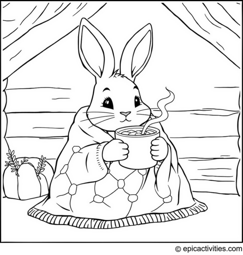 Coloring page of a Cute Rabbit Enjoying Hot Cocoa in a Cozy Cabin