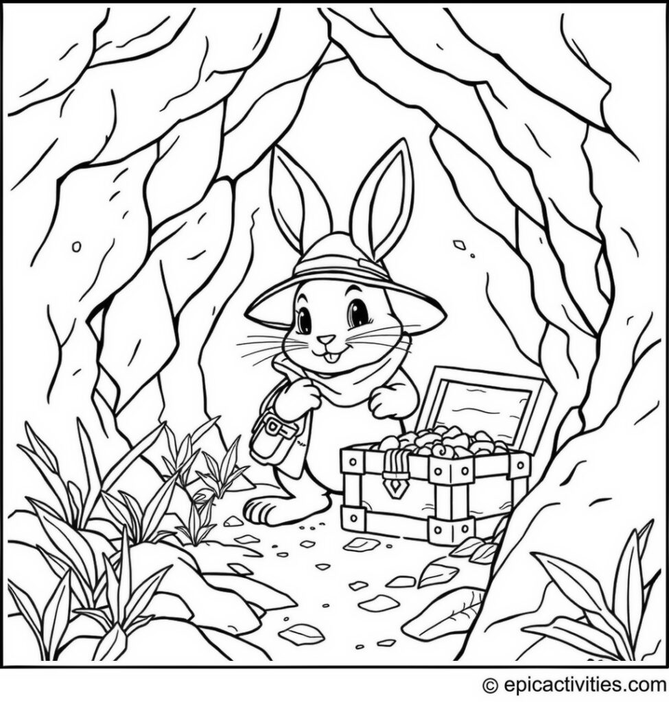 Coloring page of a cute rabbit explorer finding treasure in a magical cave