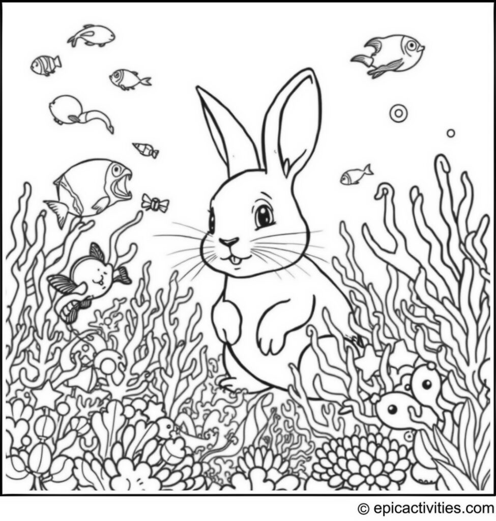 Coloring page of a Cute Rabbit Exploring an Underwater Wonderland with Sea Creatures