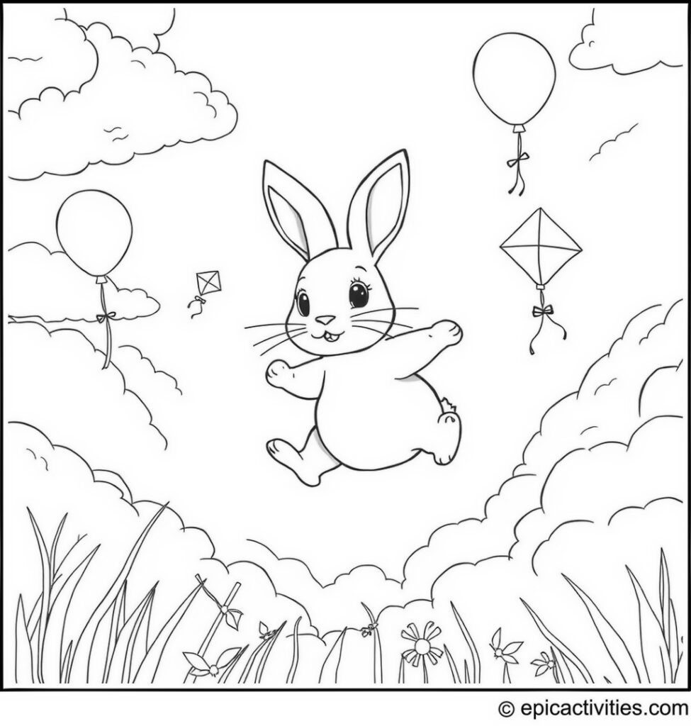 Coloring page of a Cute Rabbit Flying with Colorful Balloons and Kites