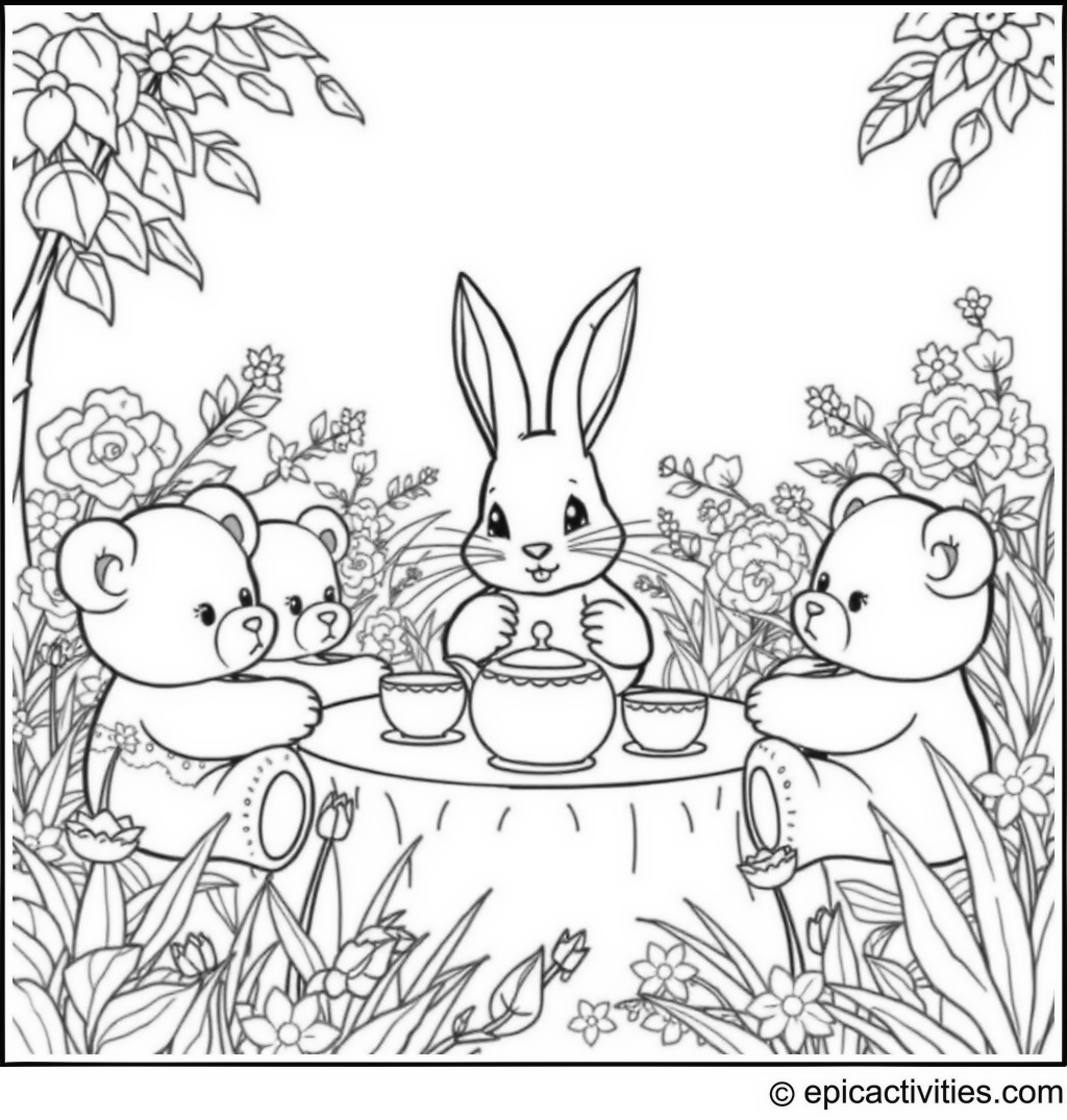 Coloring page of a Cute Rabbit Having a Tea Party with Teddy Bears in a Lush Garden
