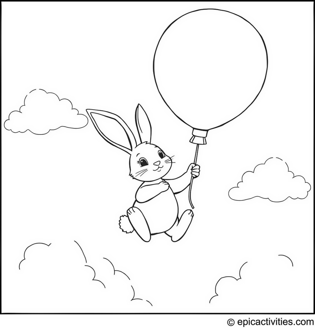 Coloring Page of a Cute Rabbit Holding a Giant Balloon Floating in the Sky with Fluffy Clouds