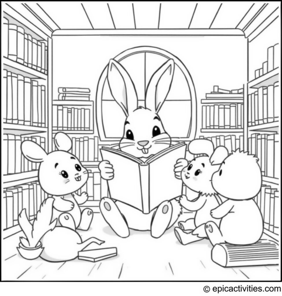 Coloring page of a cute rabbit in a cozy library reading a giant book