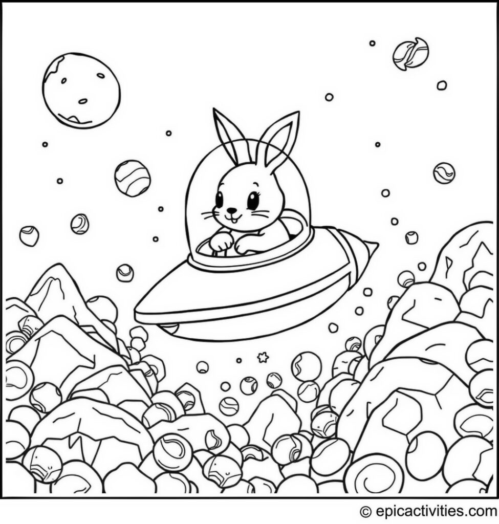 Coloring page of a cute rabbit in a spaceship exploring a candy asteroid field