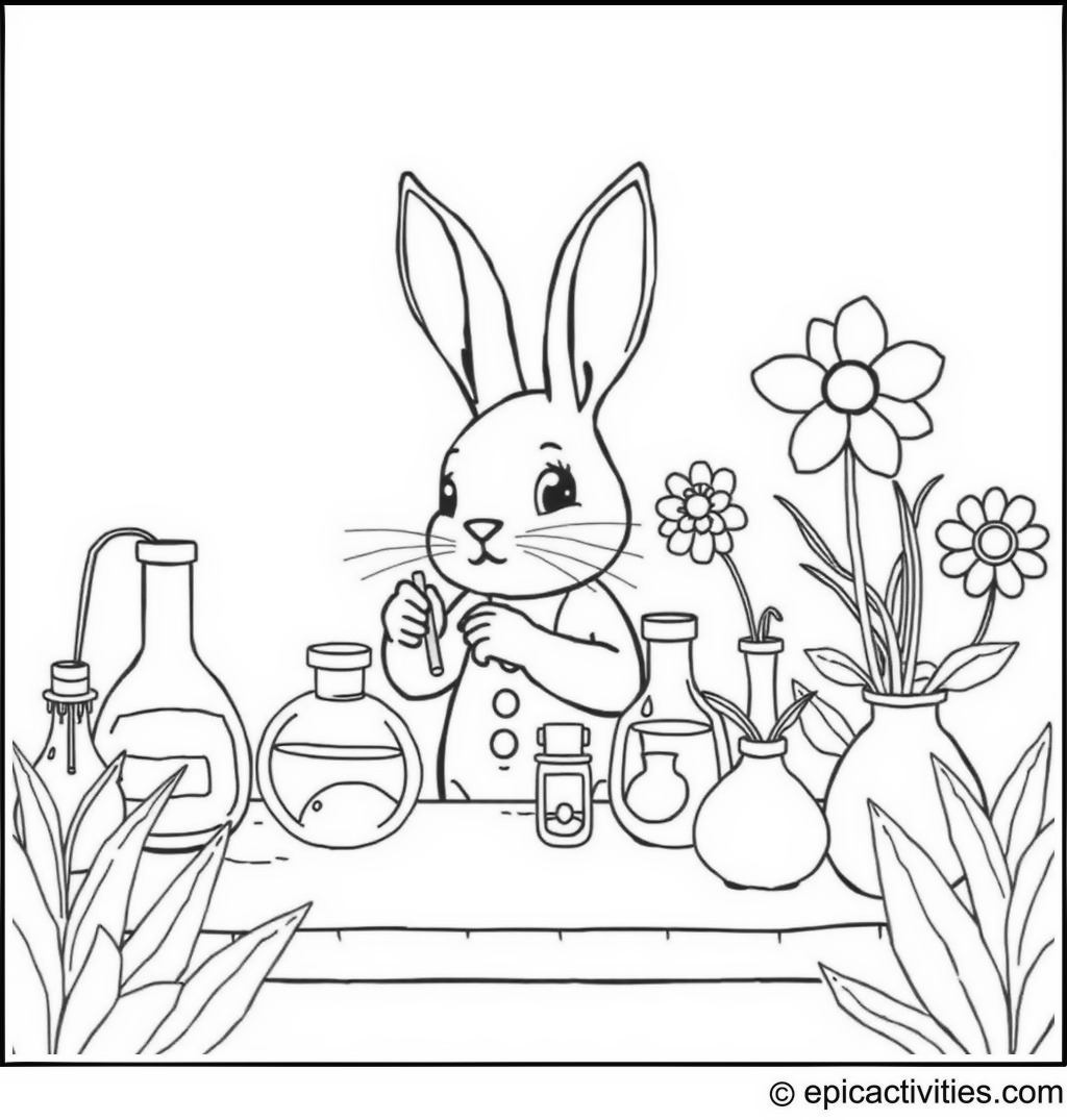 Coloring page of a cute rabbit in a whimsical laboratory growing giant flowers with potions