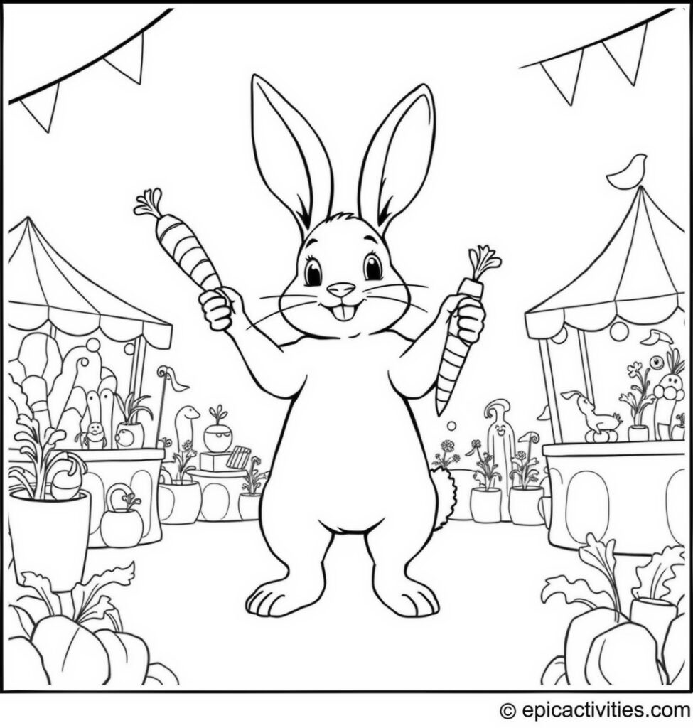 Coloring page of a cute rabbit juggling colorful carrots at a carnival