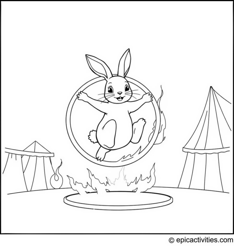 Coloring page of a Cute Rabbit Jumping through a Flaming Hoop in a Magical Circus