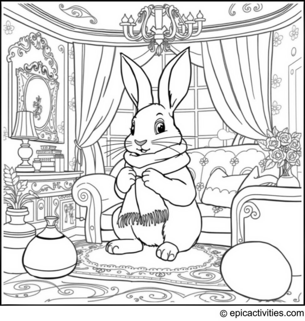 Coloring page of a Cute Rabbit Knitting a Cozy Scarf in a Whimsical Living Room