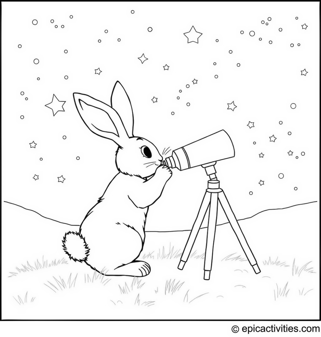 Coloring page of a Cute Rabbit Observing Stars with a Giant Telescope in a Dreamy Night Sky