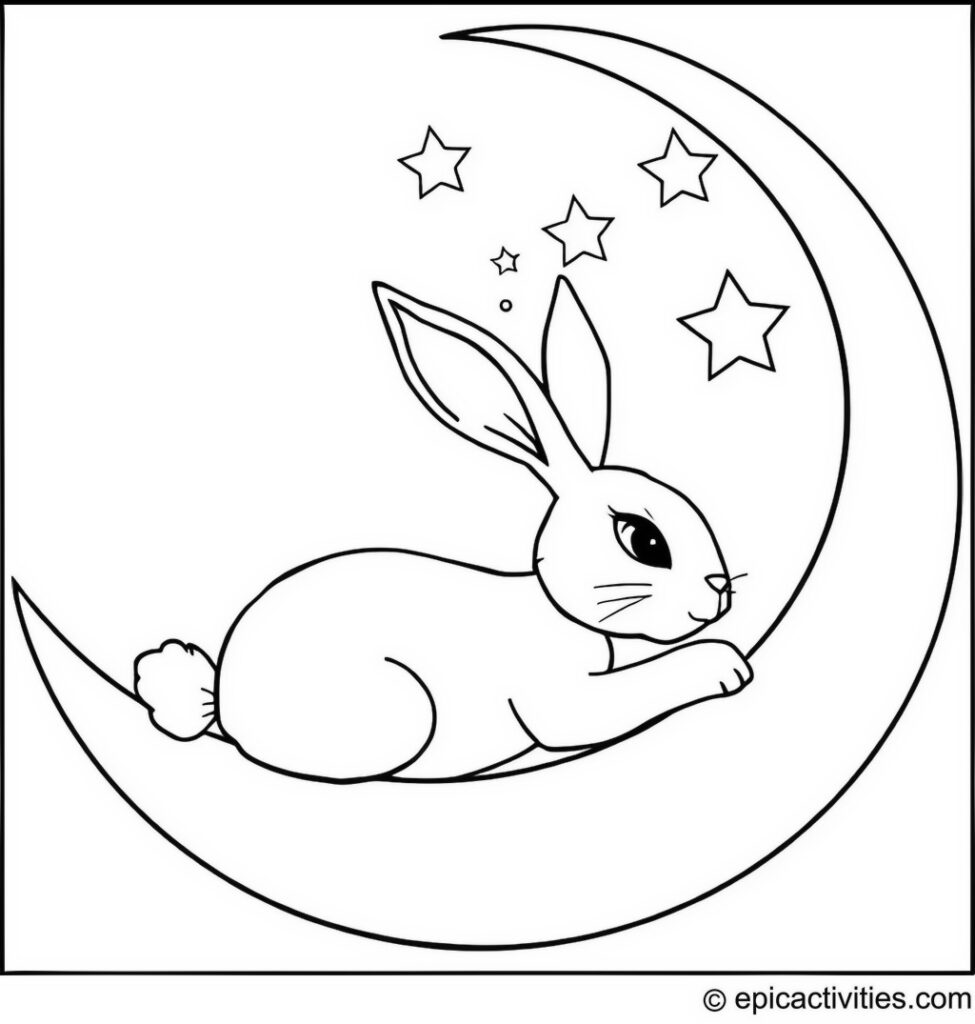 Coloring page of a Cute Rabbit on a Crescent Moon Reaching for the Stars