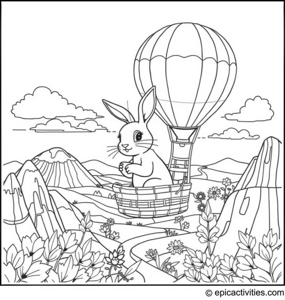 Coloring page of a cute rabbit on a hot air balloon adventure