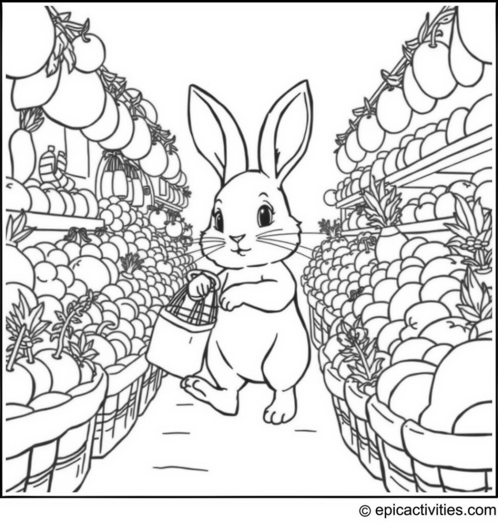 Coloring page of a Cute Rabbit on a Shopping Spree in a Whimsical Market