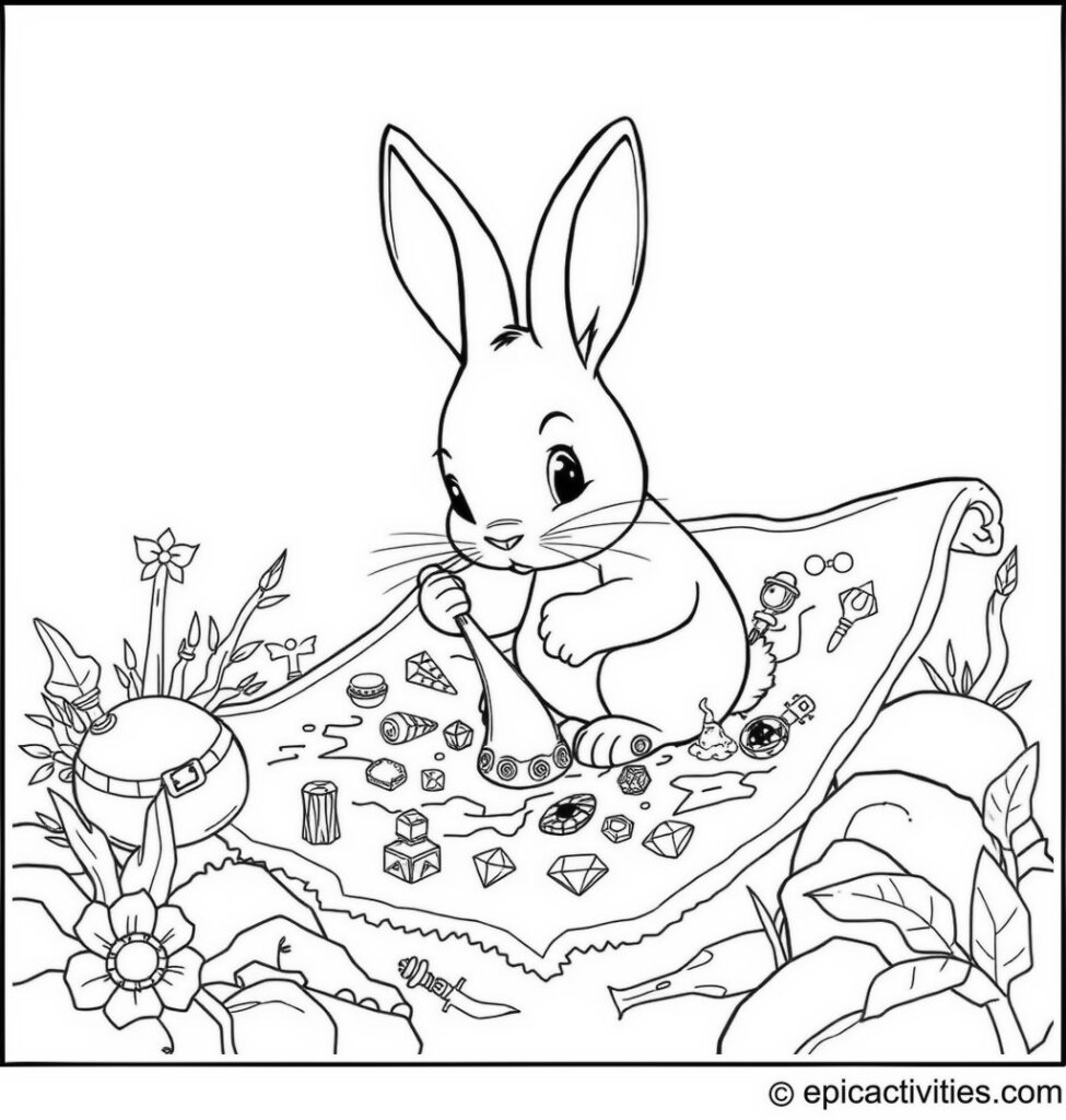 Coloring page of a Cute Rabbit on a Treasure Hunt Adventure