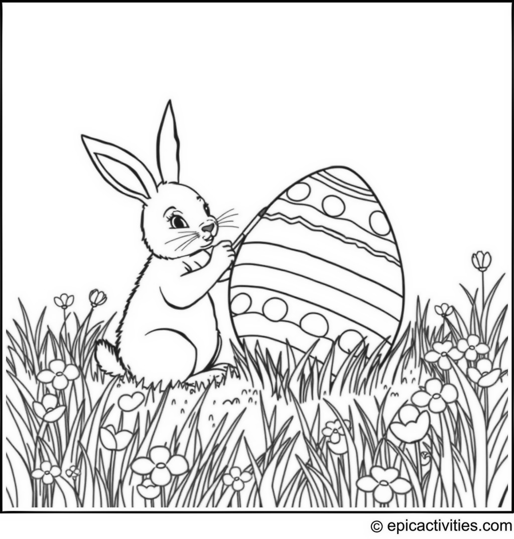 Coloring page of a Cute Rabbit Painting a Giant Easter Egg with Rainbow Colors in a Playful Meadow