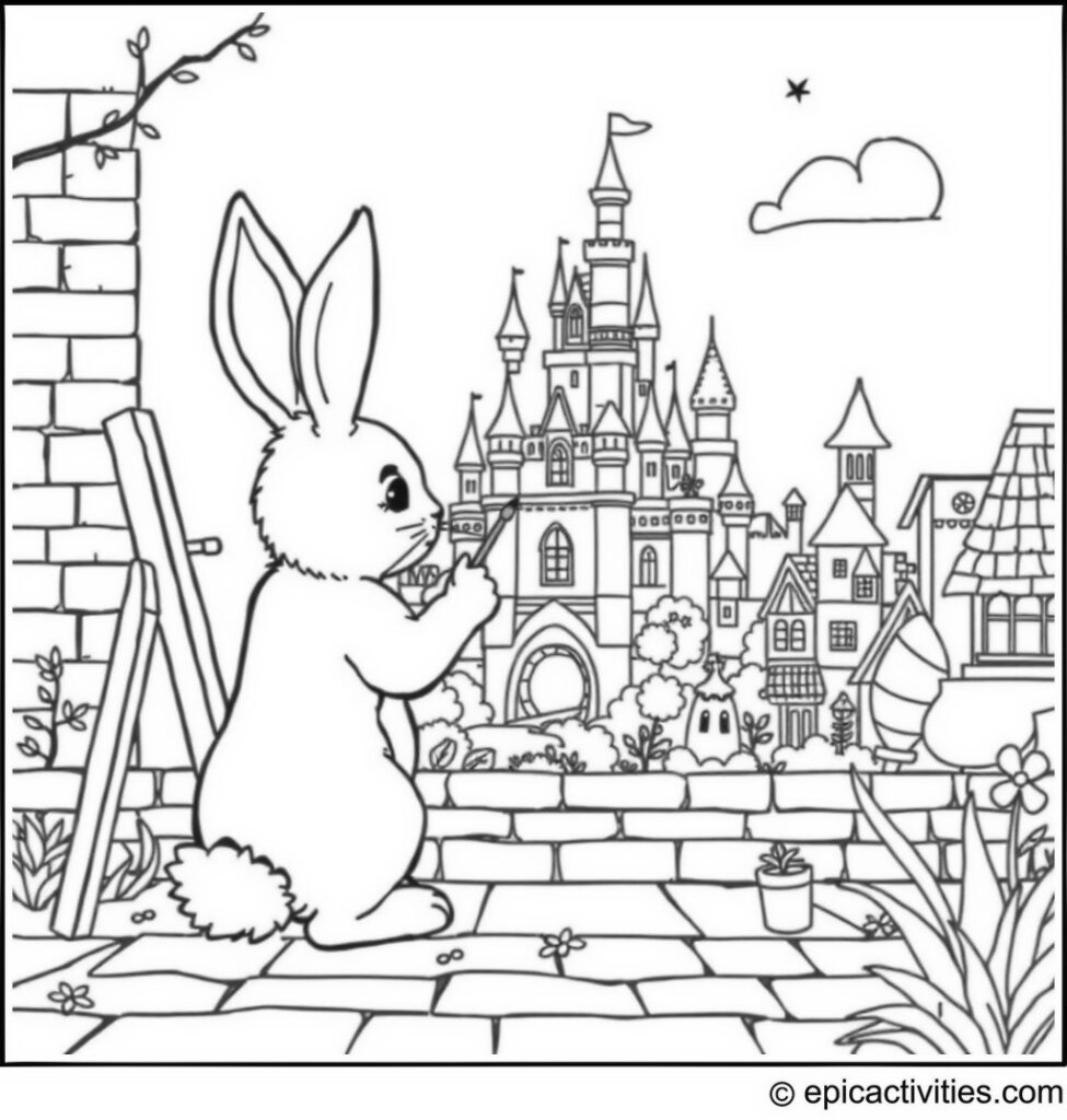 Coloring page of a cute rabbit painting a mural of an enchanted castle