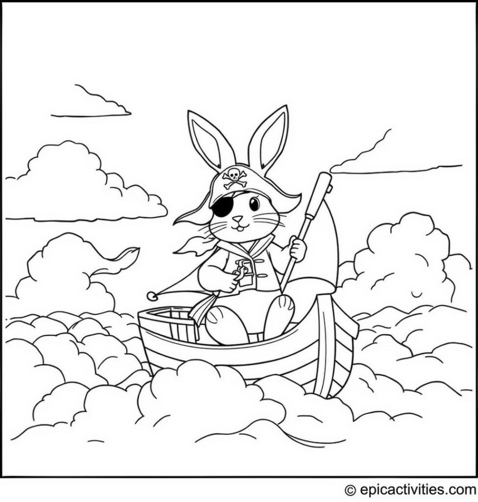 Coloring page of a cute rabbit pirate sailing a ship through cloud seas