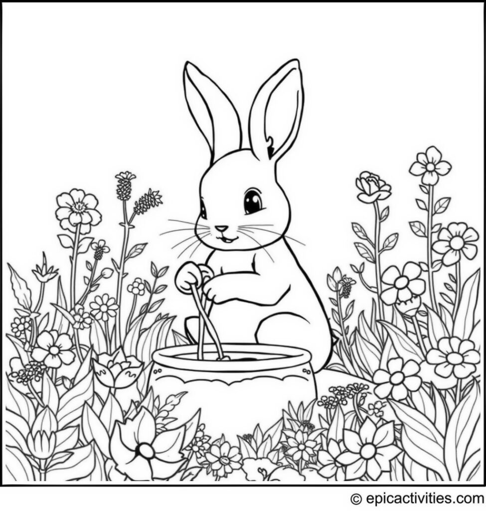 Coloring page of a Cute Rabbit Planting a Magical Garden