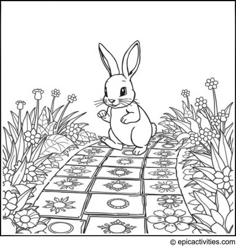 Coloring page of a Cute Rabbit Playing Hopscotch in a Detailed Garden Path with Whimsical Tiles