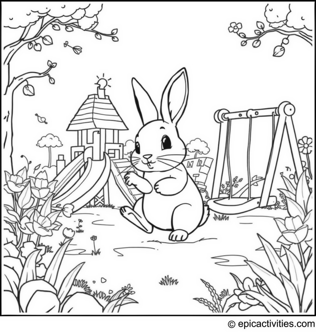 Coloring page of a cute rabbit playing in a detailed fantasy playground