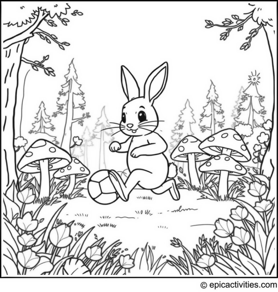 Coloring page of a Cute Rabbit Playing Soccer with Bouncy Cartoon Mushrooms in an Enchanted Forest