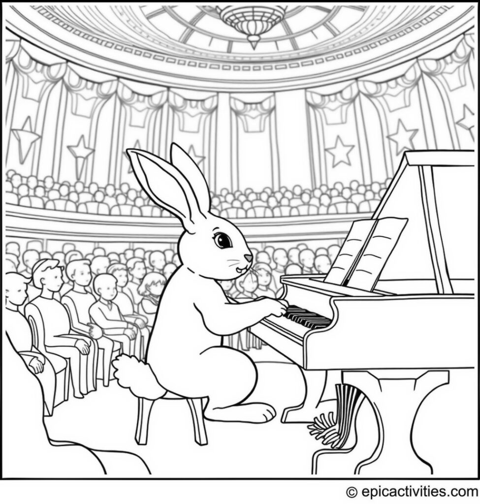 Coloring page of a Cute Rabbit Playing the Piano at a Grand Concert