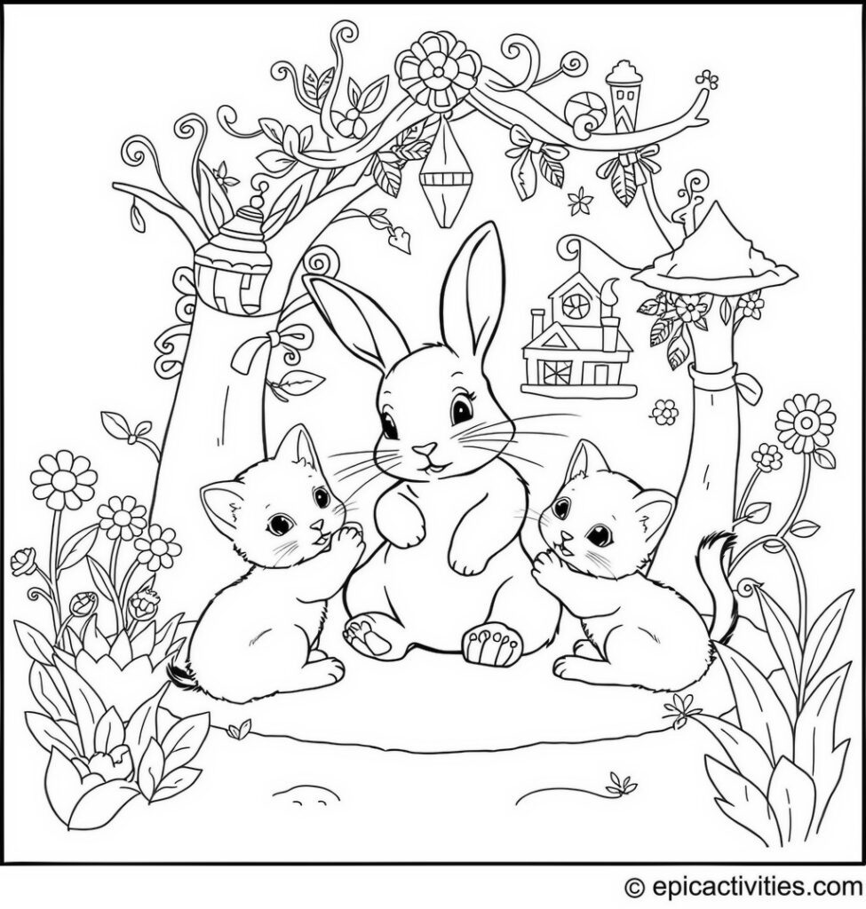 Coloring page of a cute rabbit playing with cute kittens in a whimsical cat tree