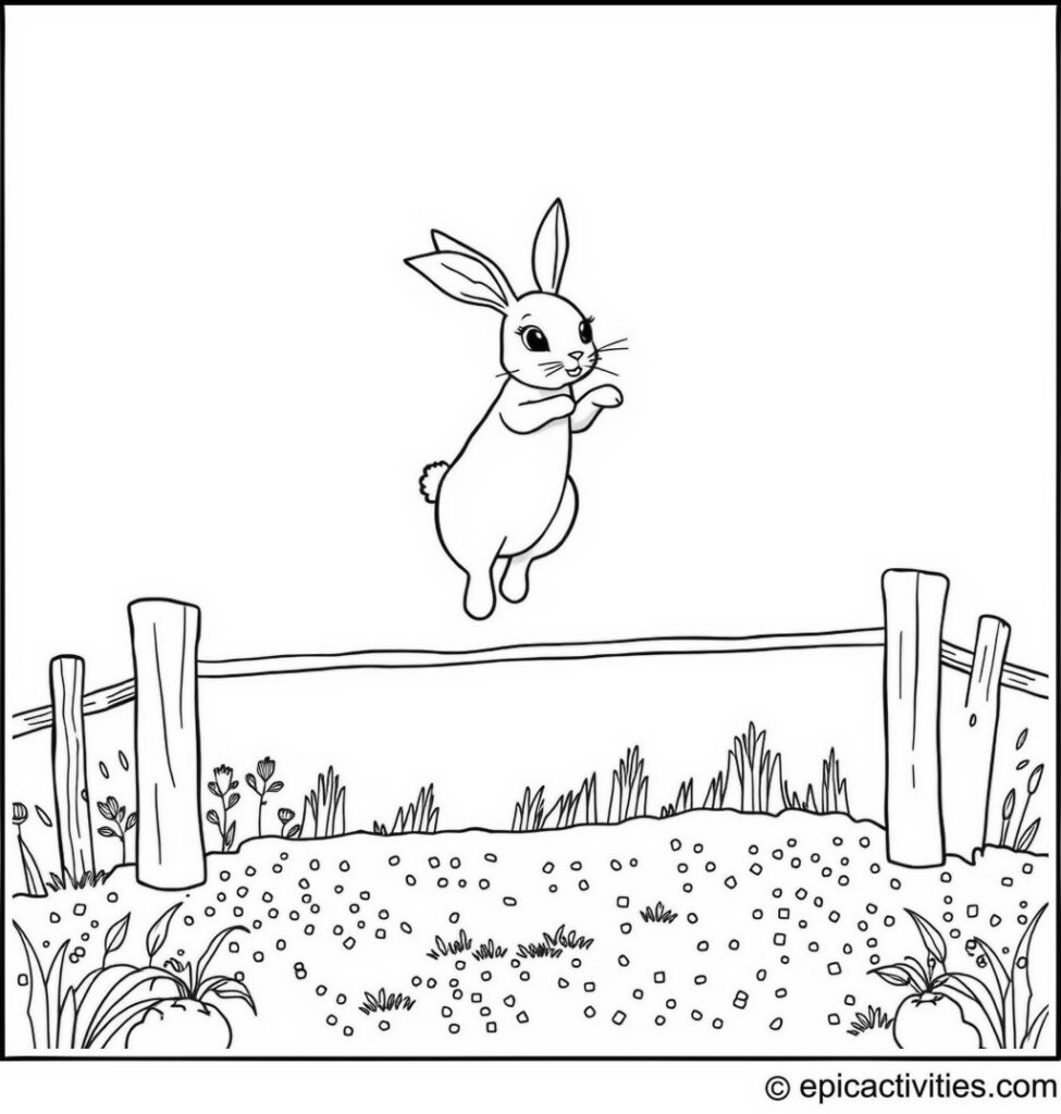 Coloring page of a Cute Rabbit Pole-Vaulting Over a Rainbow Sprinkle Fence