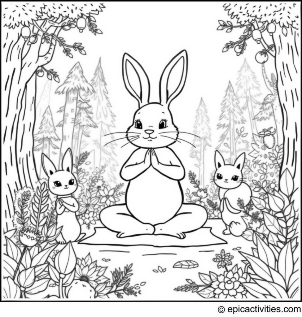 Coloring page of a cute rabbit practicing yoga with woodland critters in a fantasy forest