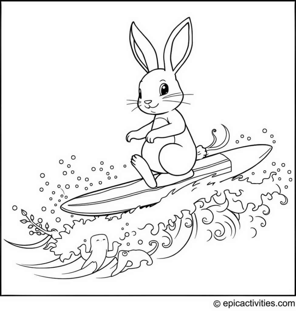 Coloring page of a cute rabbit riding a detailed surfboard on whimsical waves with colorful sea creatures