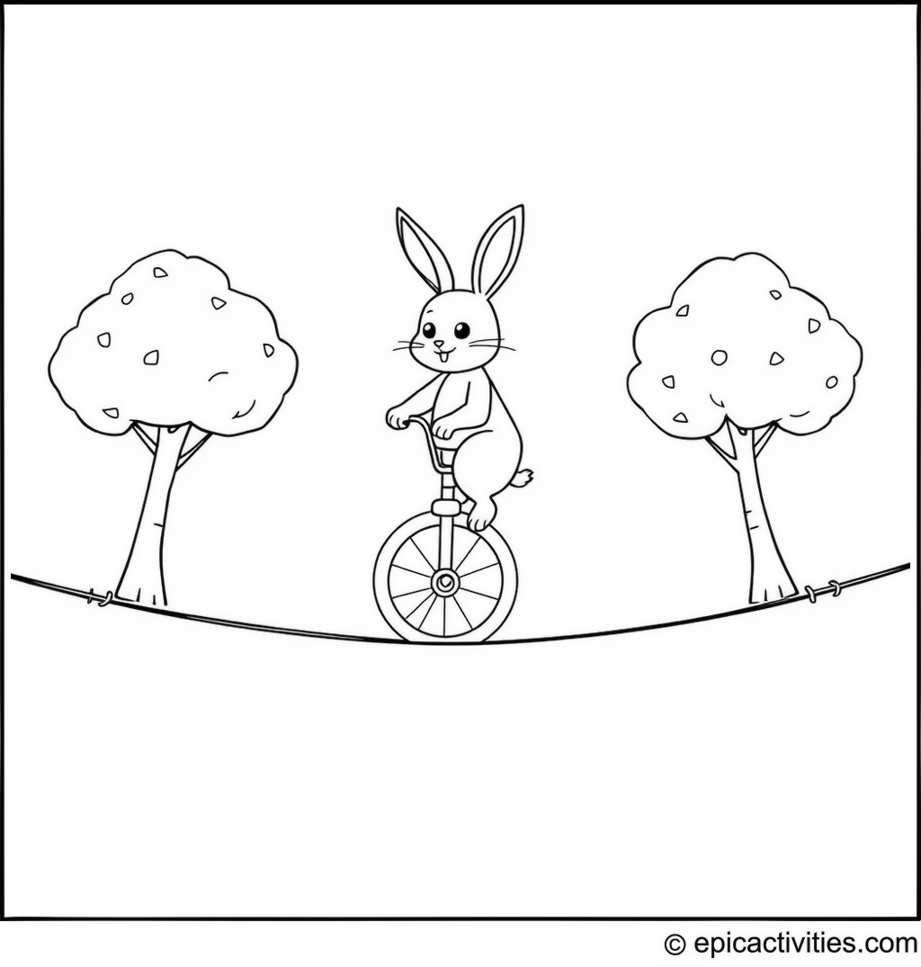 Coloring page of a cute rabbit riding a unicycle on a tightrope between two cute cartoon trees