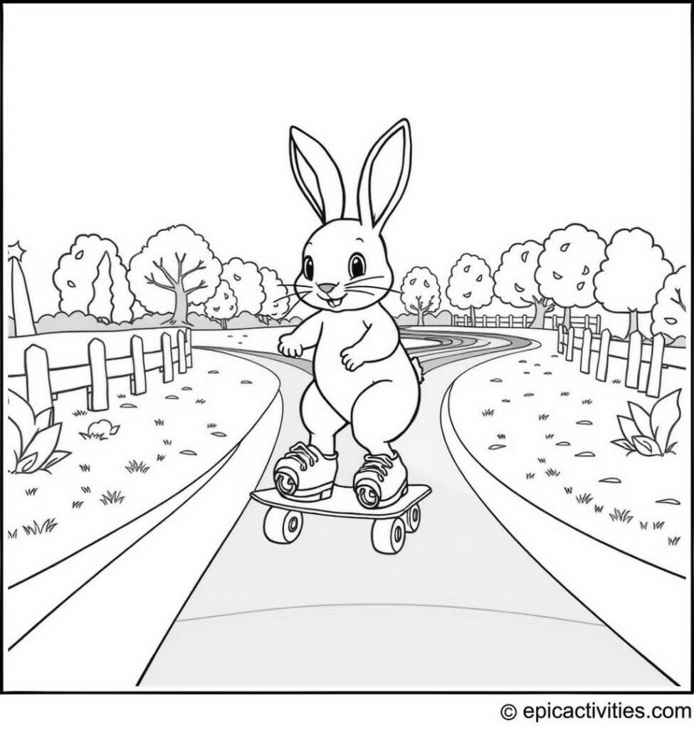 Coloring page of a cute rabbit roller skating on a rainbow trail in a fun and playful park