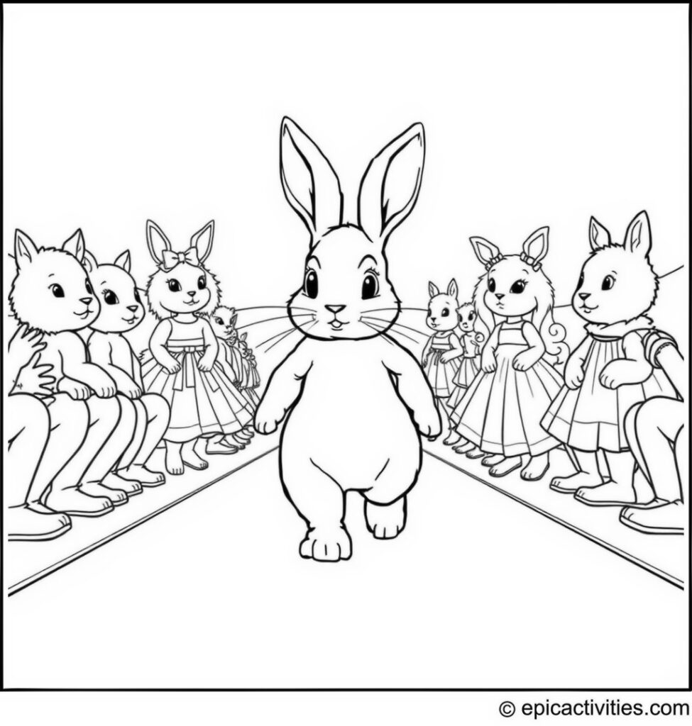 Coloring page of a Cute Rabbit Runway Fashion Show with Other Animal Models