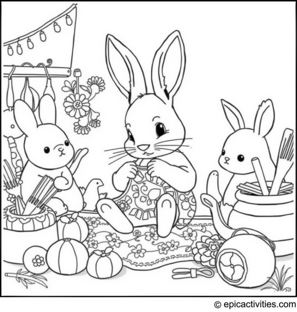 Coloring page of a cute rabbit sewing intricate patchwork with cute animal friends in a detailed workshop